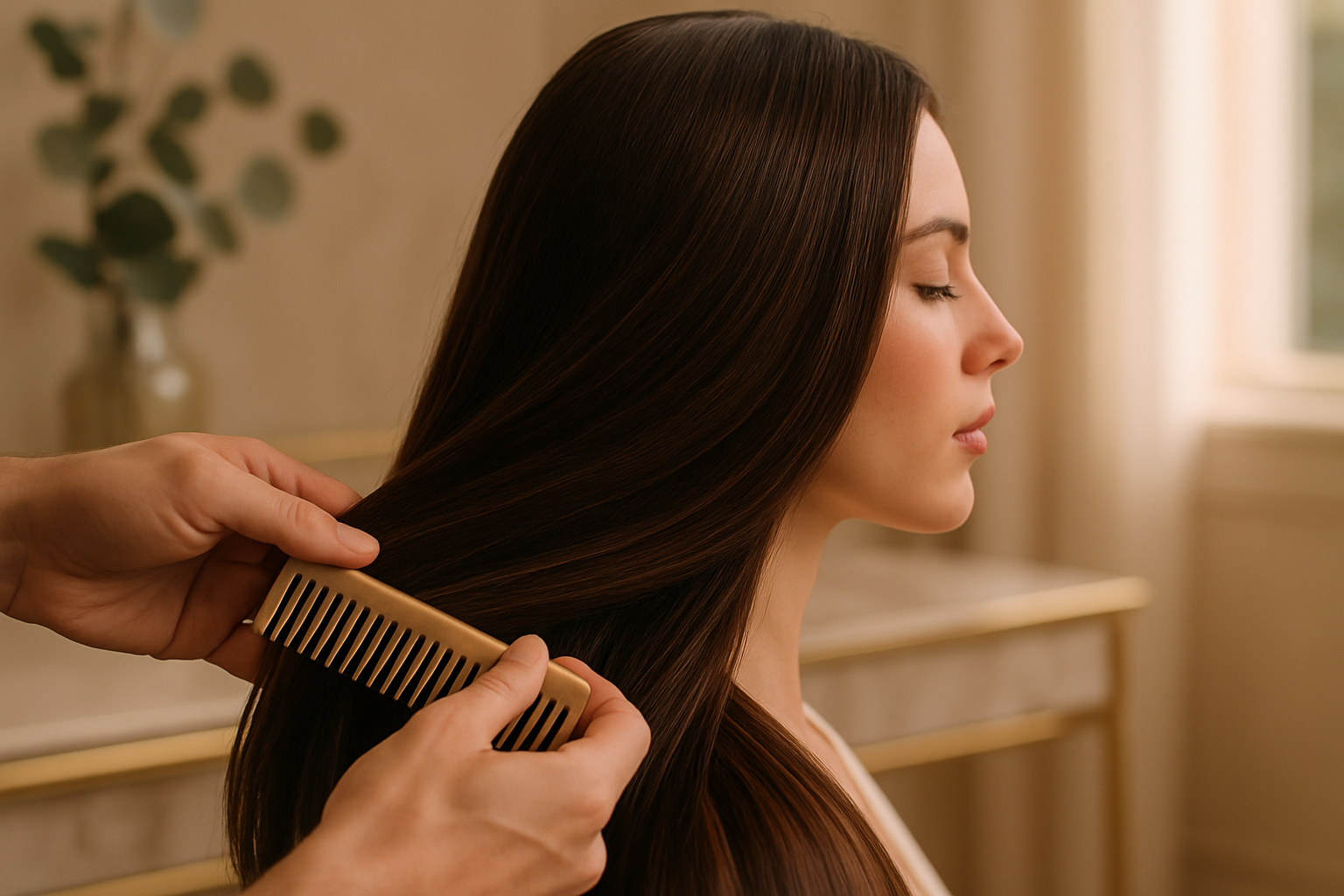 Stylist combing long glossy brunette hair extensions in a softly lit luxury Lahore salon