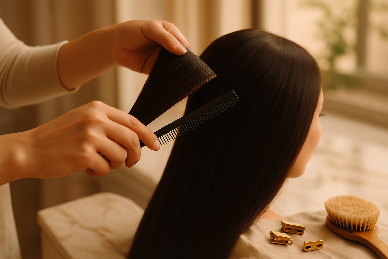 Stylist sectioning long glossy dark hair with a comb in a sunlit luxury salon