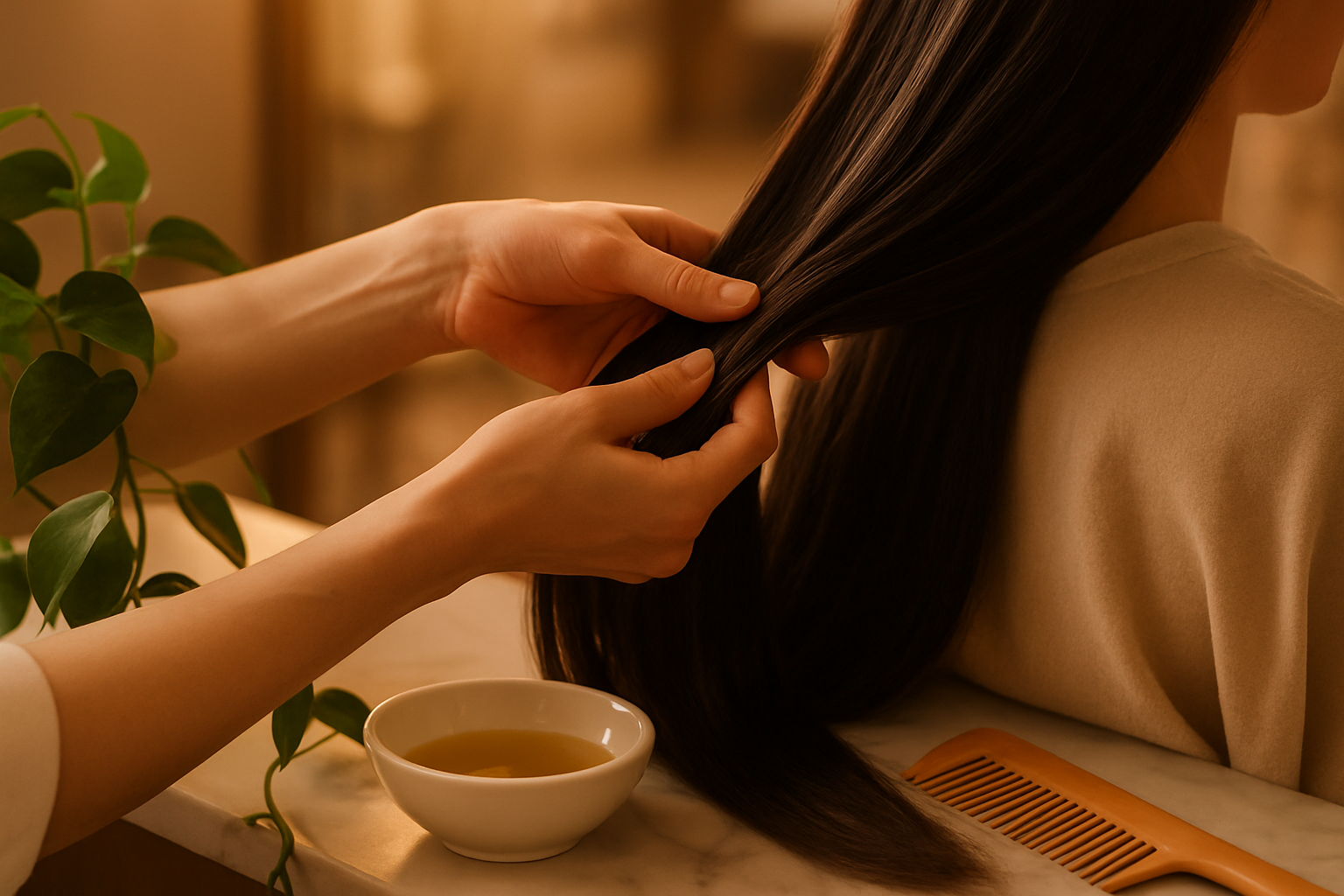 Stylist gently sectioning glossy dark hair with oil bowl and wooden comb on marble