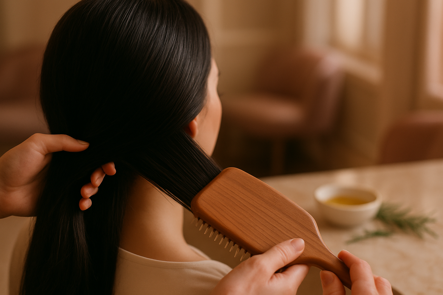 Stylist's hands gently sectioning a woman's dark hair beside a bowl of rosemary oil