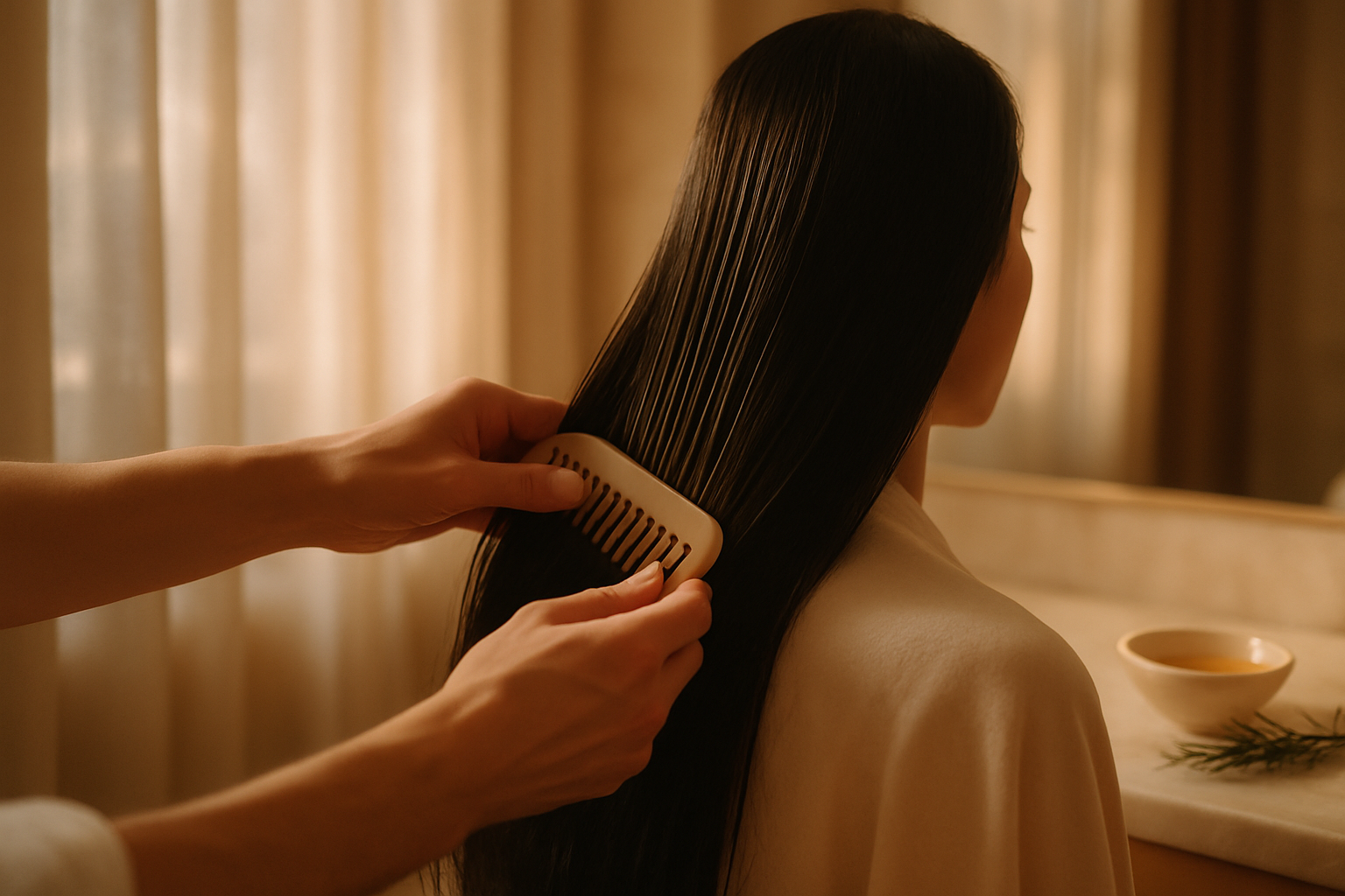 Stylist gently combing a client's long dark hair in warm salon light