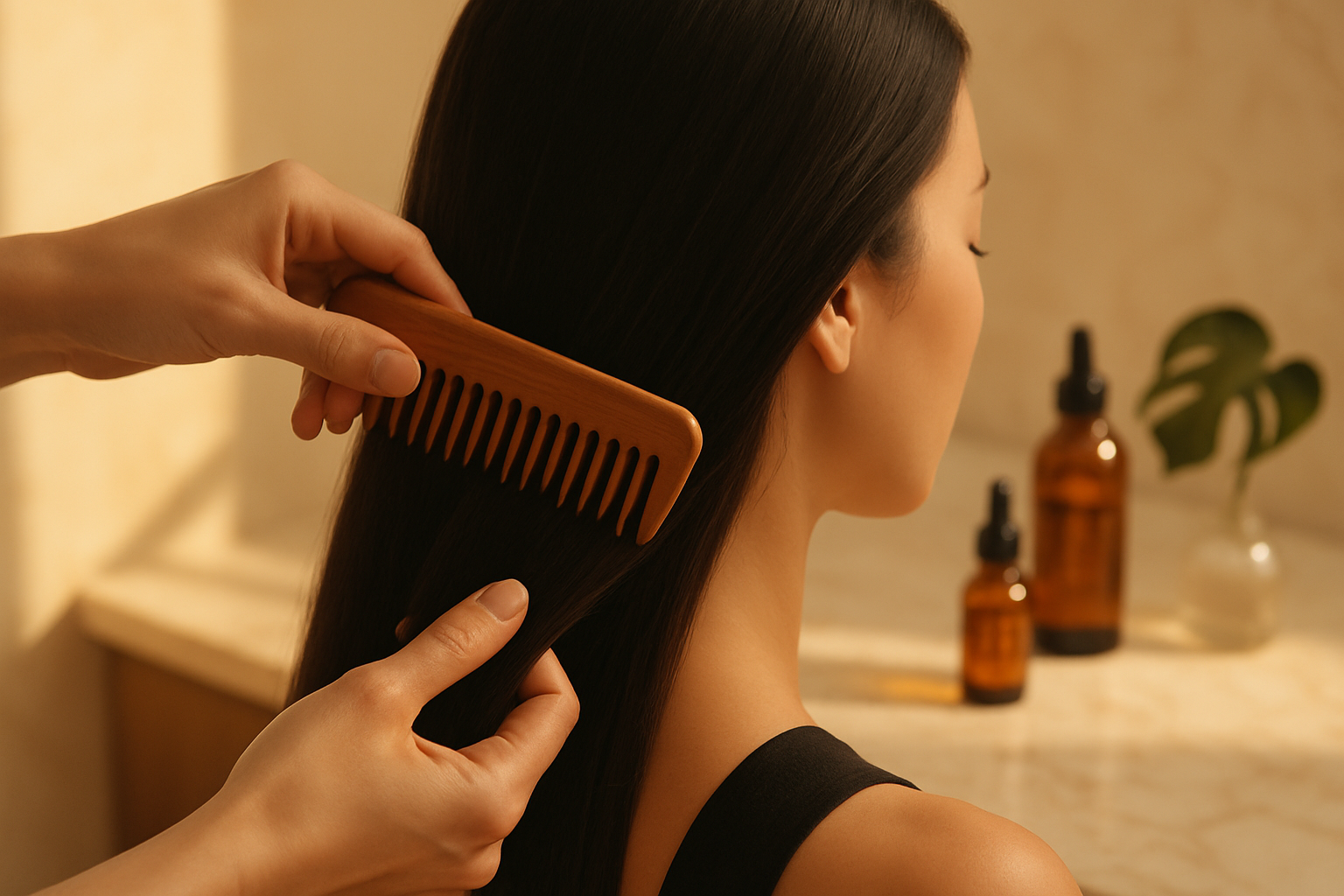 Stylist's hands gently combing sectioned dark hair under warm salon light with oils nearby