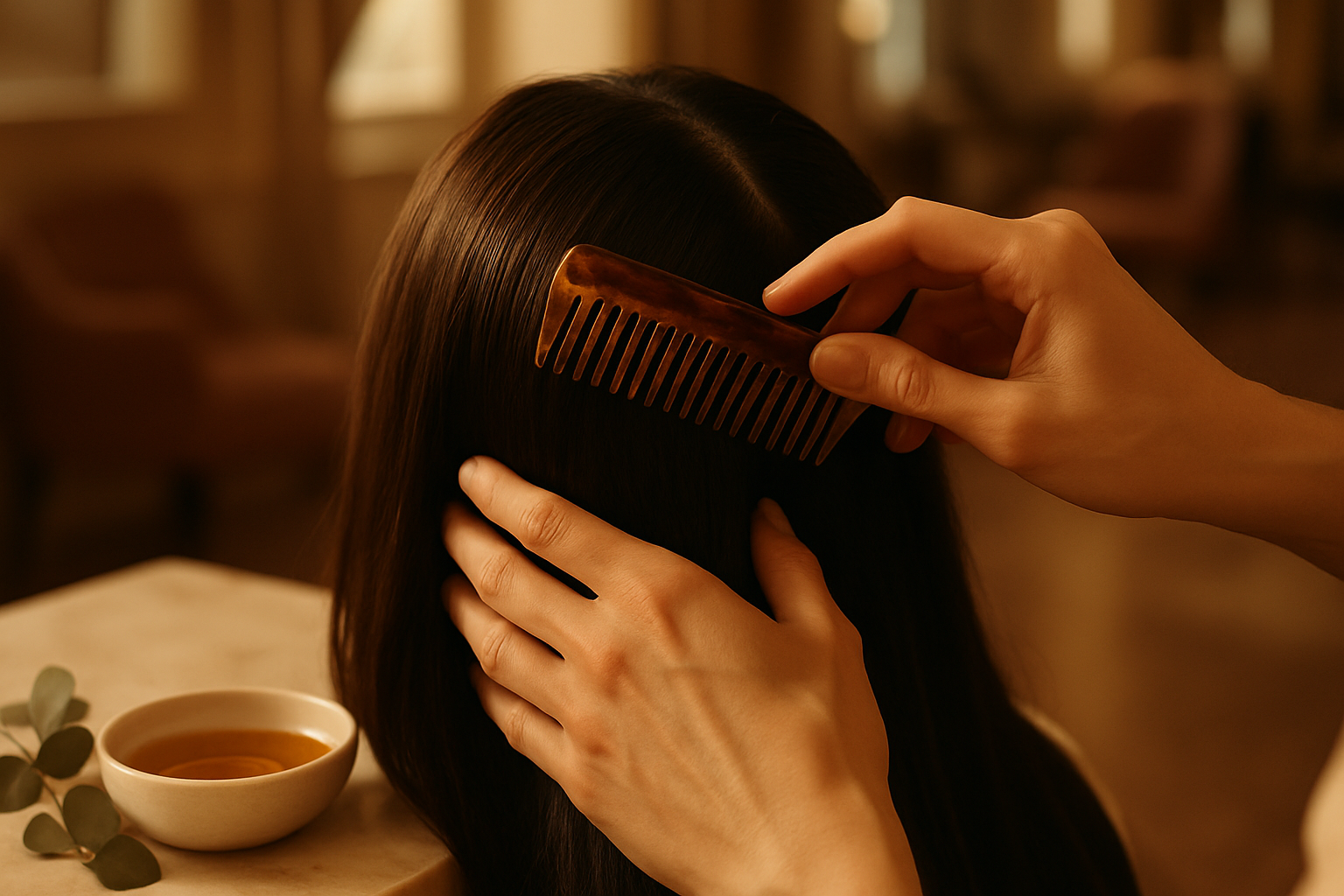 Stylist gently combing a woman's long dark hair in soft golden salon light