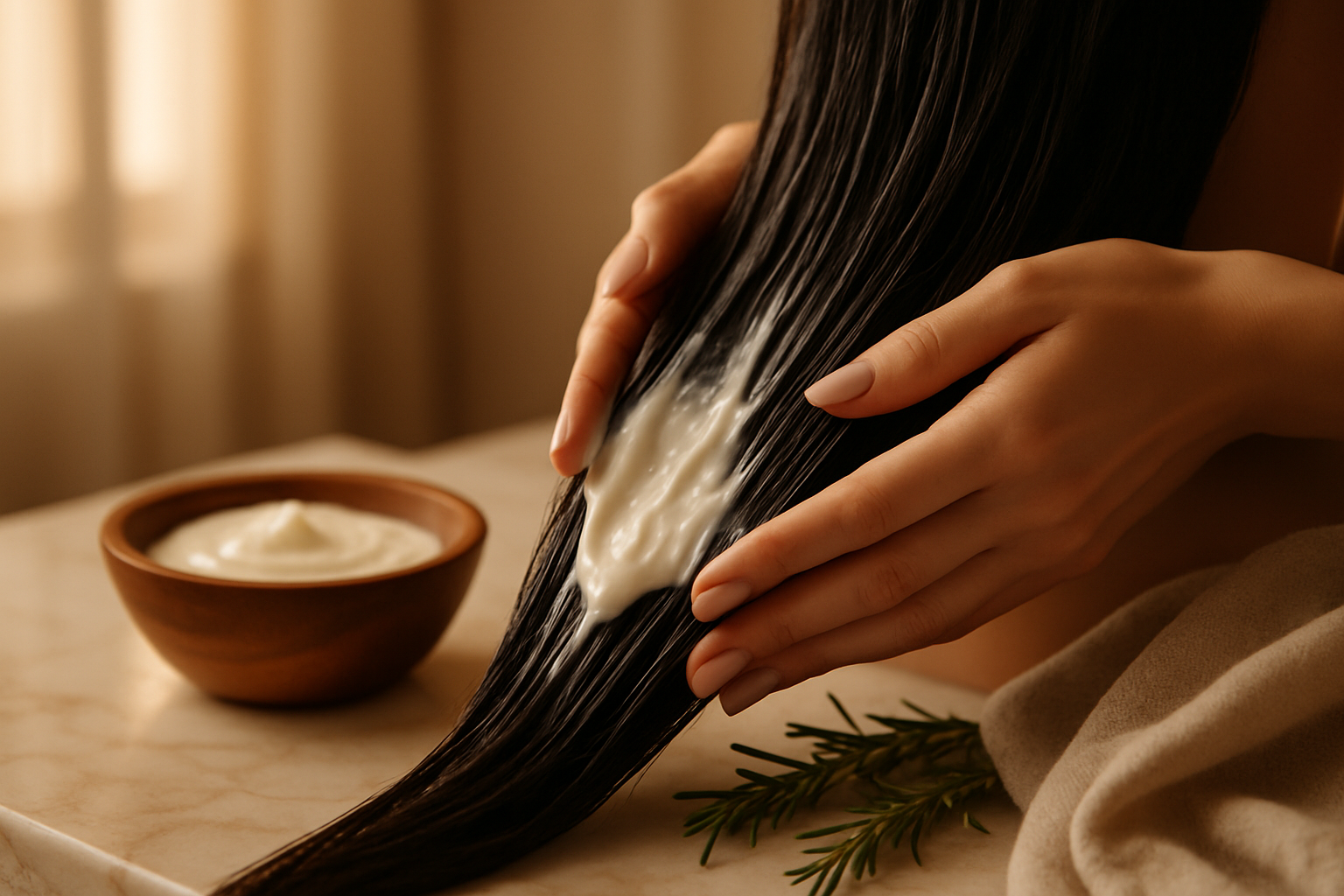 Creamy hair mask being applied to long dark hair on marble counter with rosemary sprigs