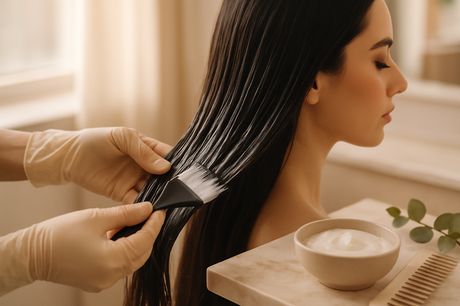 Stylist applying creamy hair mask to long dark hair on marble shelf with comb