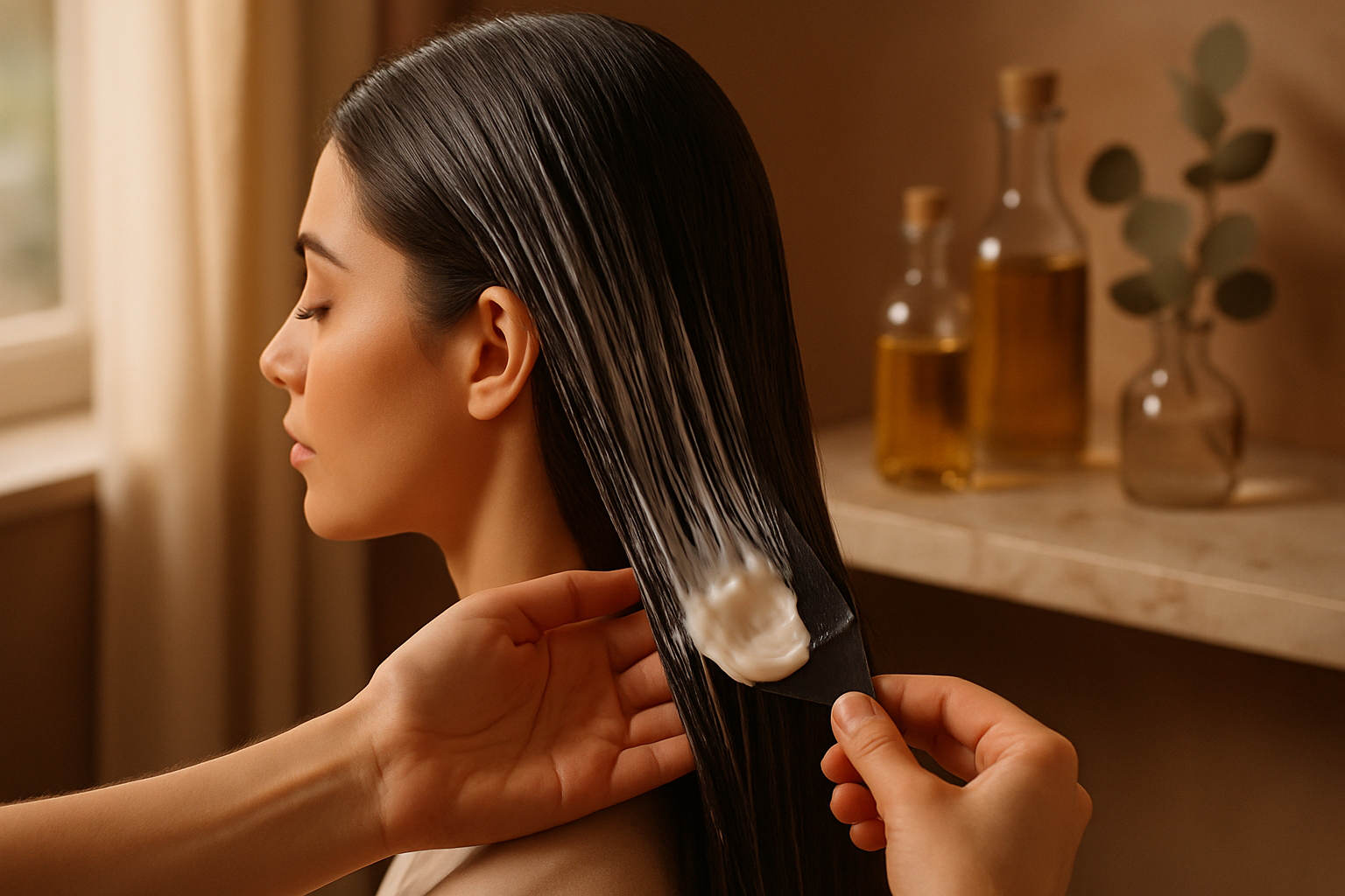 Stylist applying creamy white hair mask to long dark hair in soft daylight