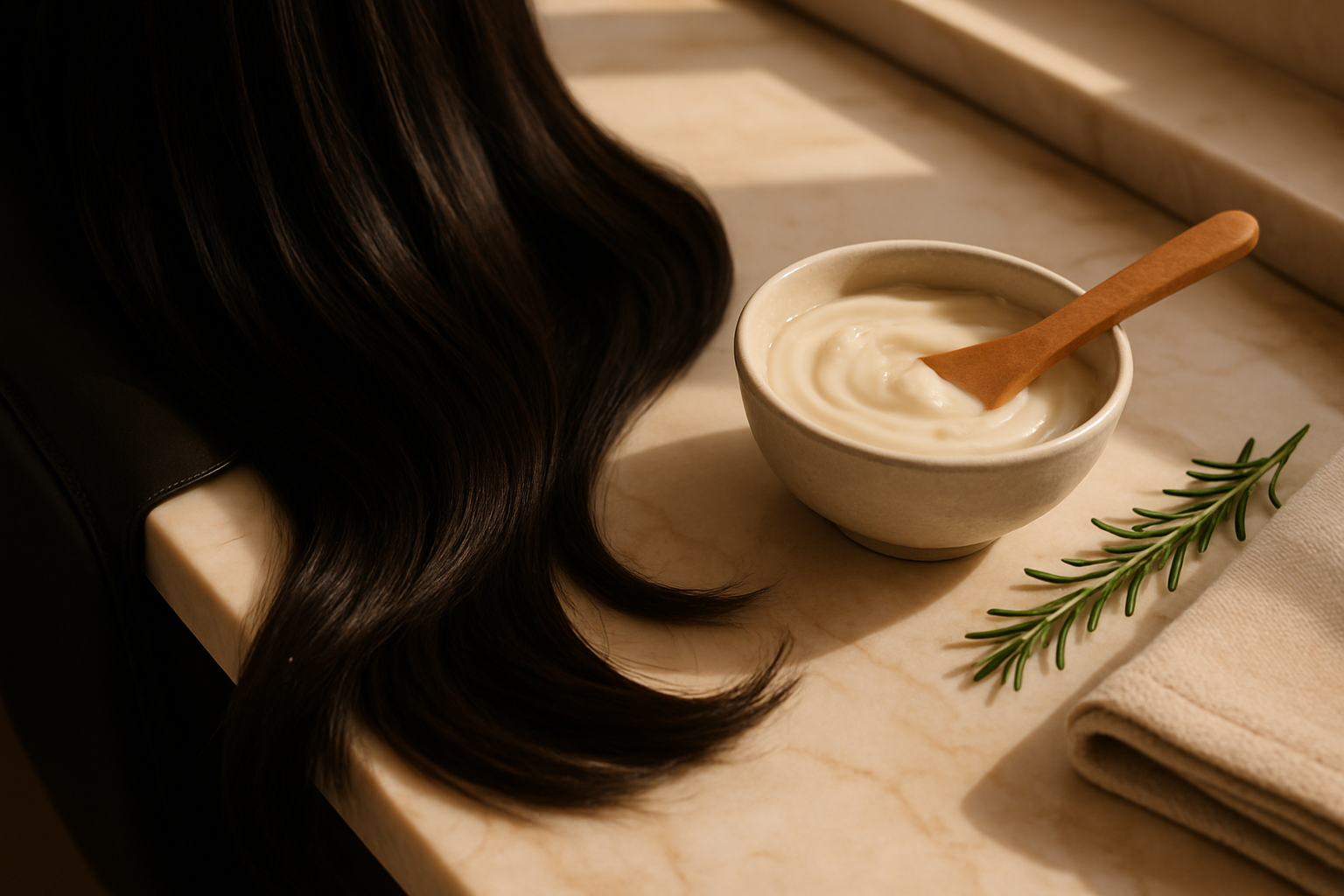 Glossy dark hair beside a ceramic bowl of creamy hair mask in warm salon light