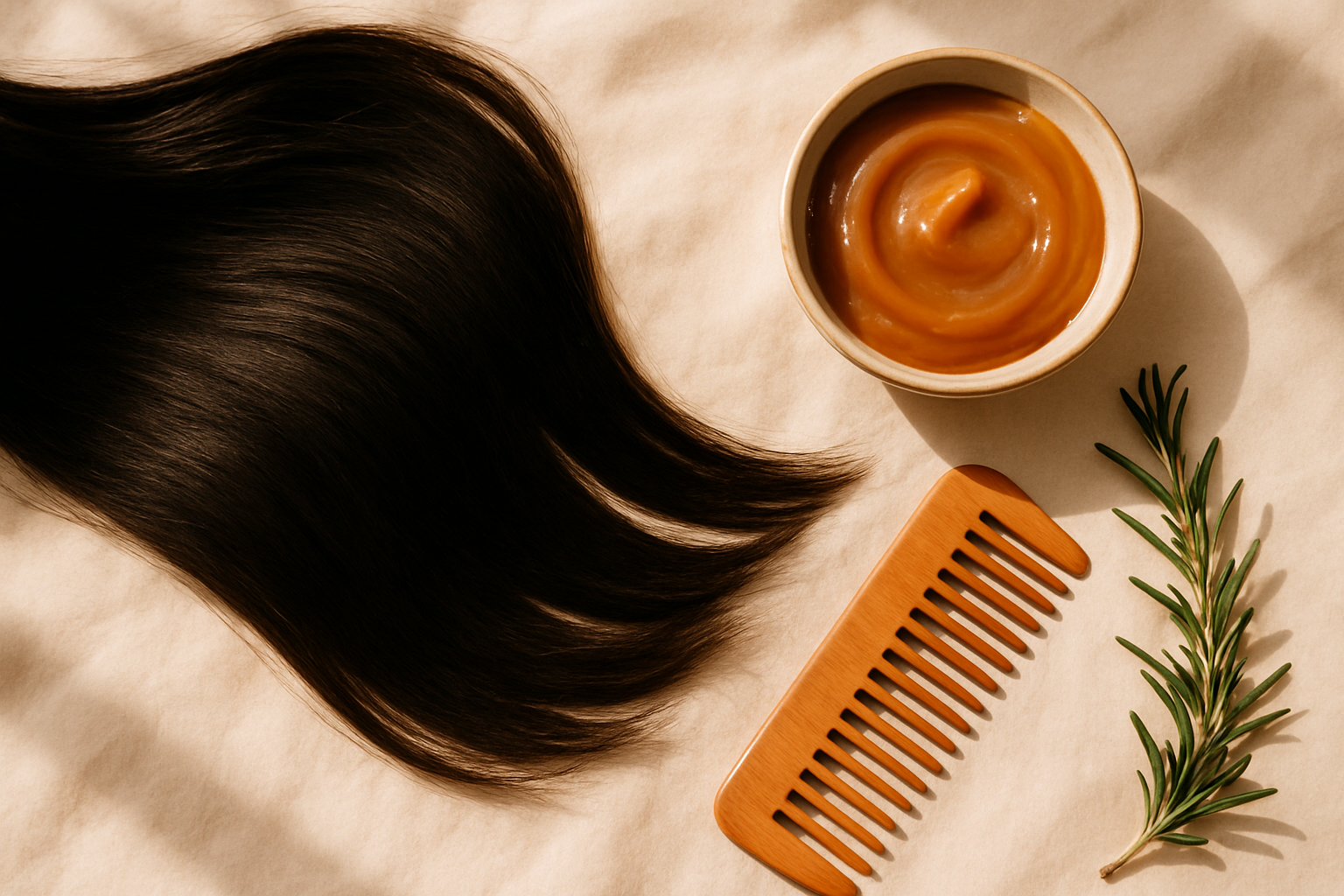 Ceramic bowl of amber hair mask beside long dark hair on linen