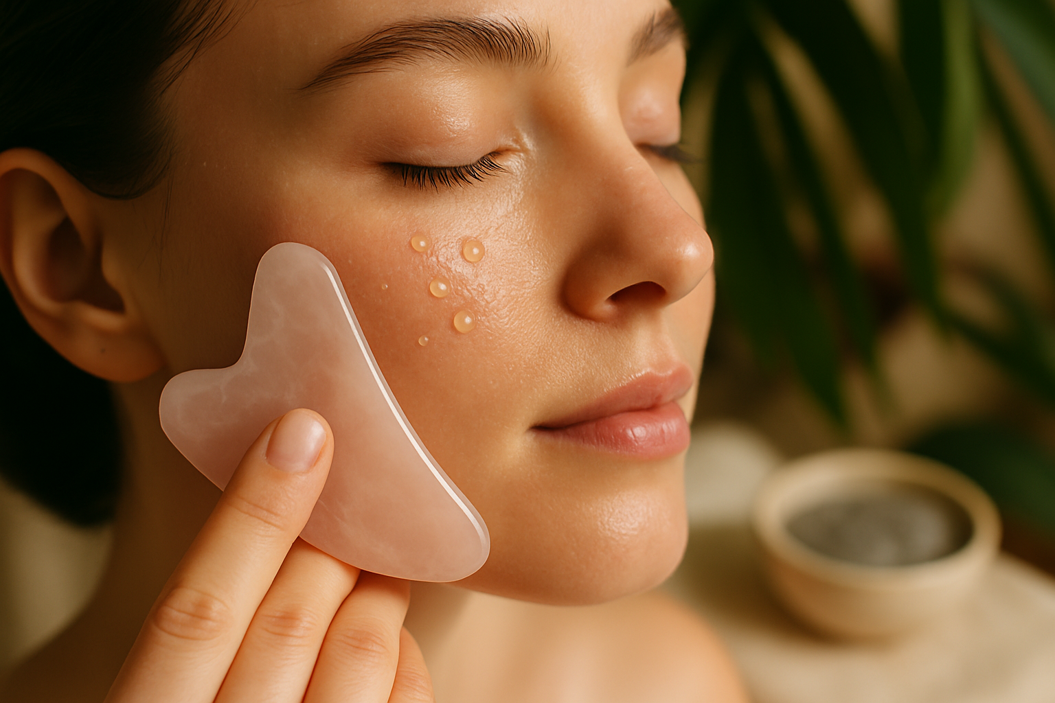 Close-up of glowing freshly facialed skin with gua sha and soft tropical light
