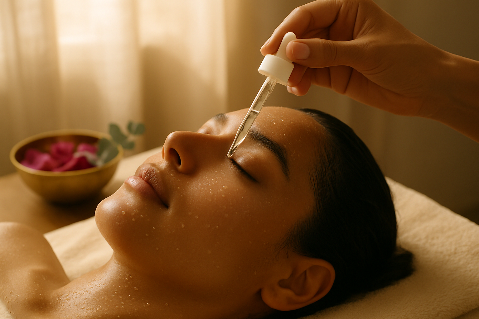 Close-up of woman receiving serum application on dewy skin in warm salon light