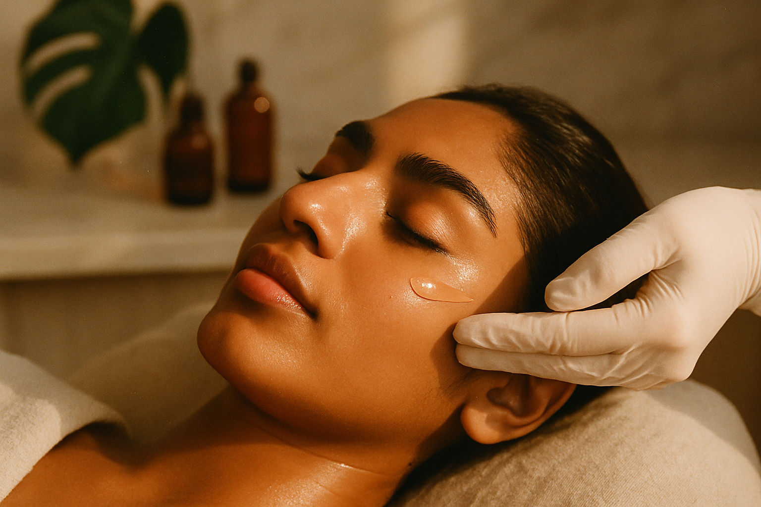Close-up of dewy skin during a professional facial treatment in a warmly lit Lahore salon