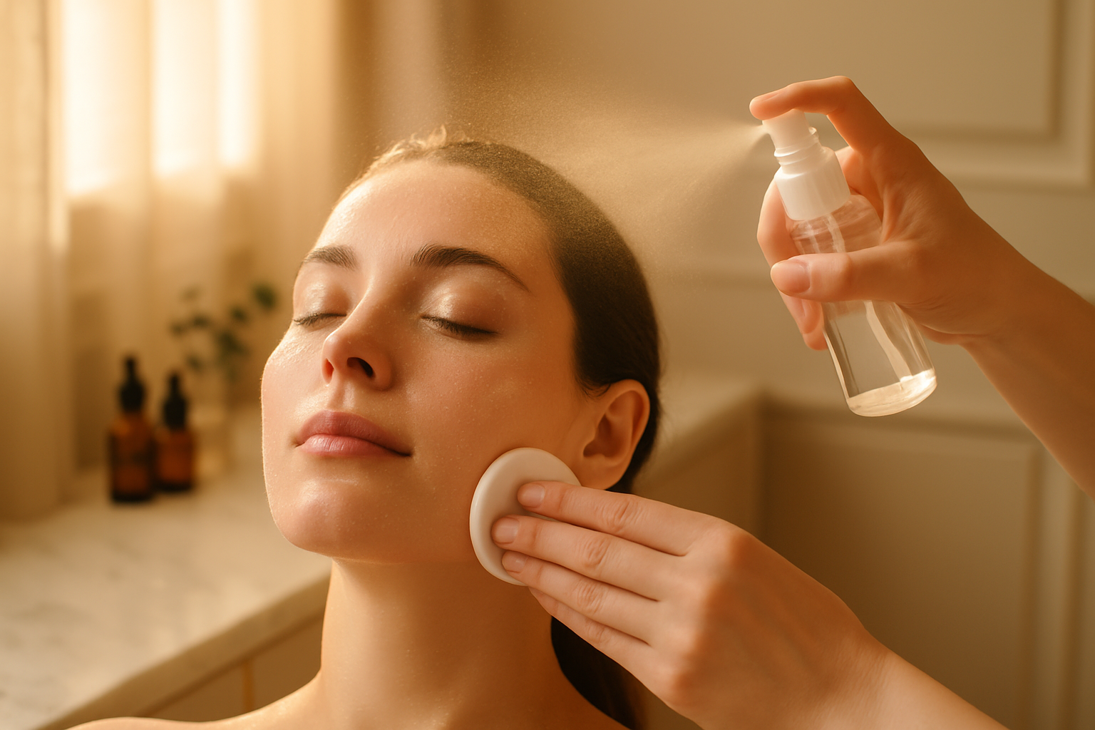 Esthetician misting hydrating toner on a client's glowing face in a softly lit Lahore salon