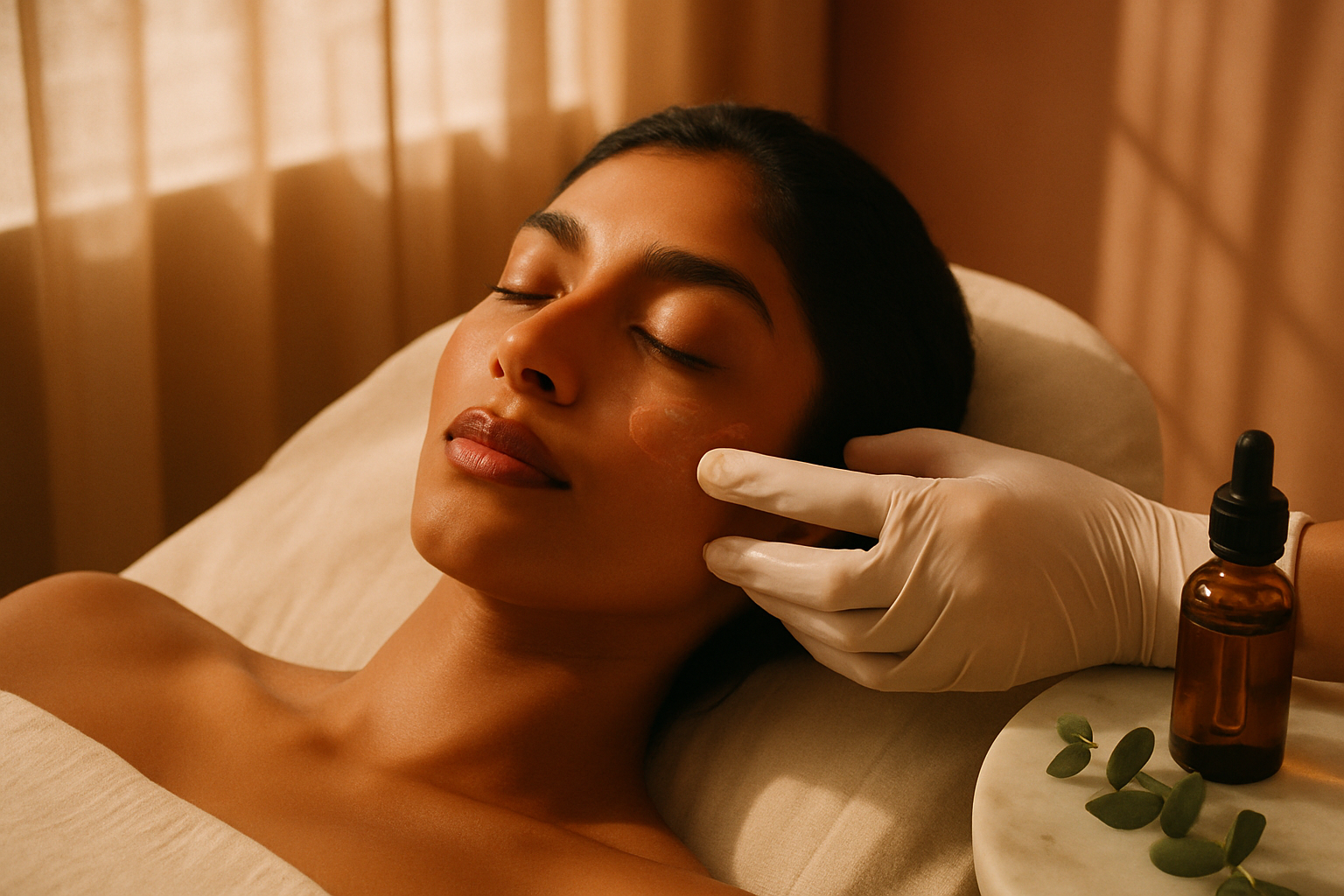 Close-up of therapist applying clear serum to woman's cheek on linen facial bed