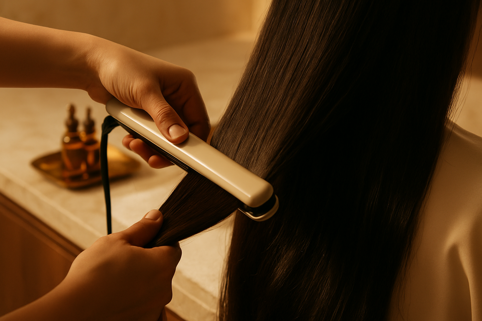 Stylist flat-ironing glossy dark hair during a smoothing treatment in a luxury Lahore salon