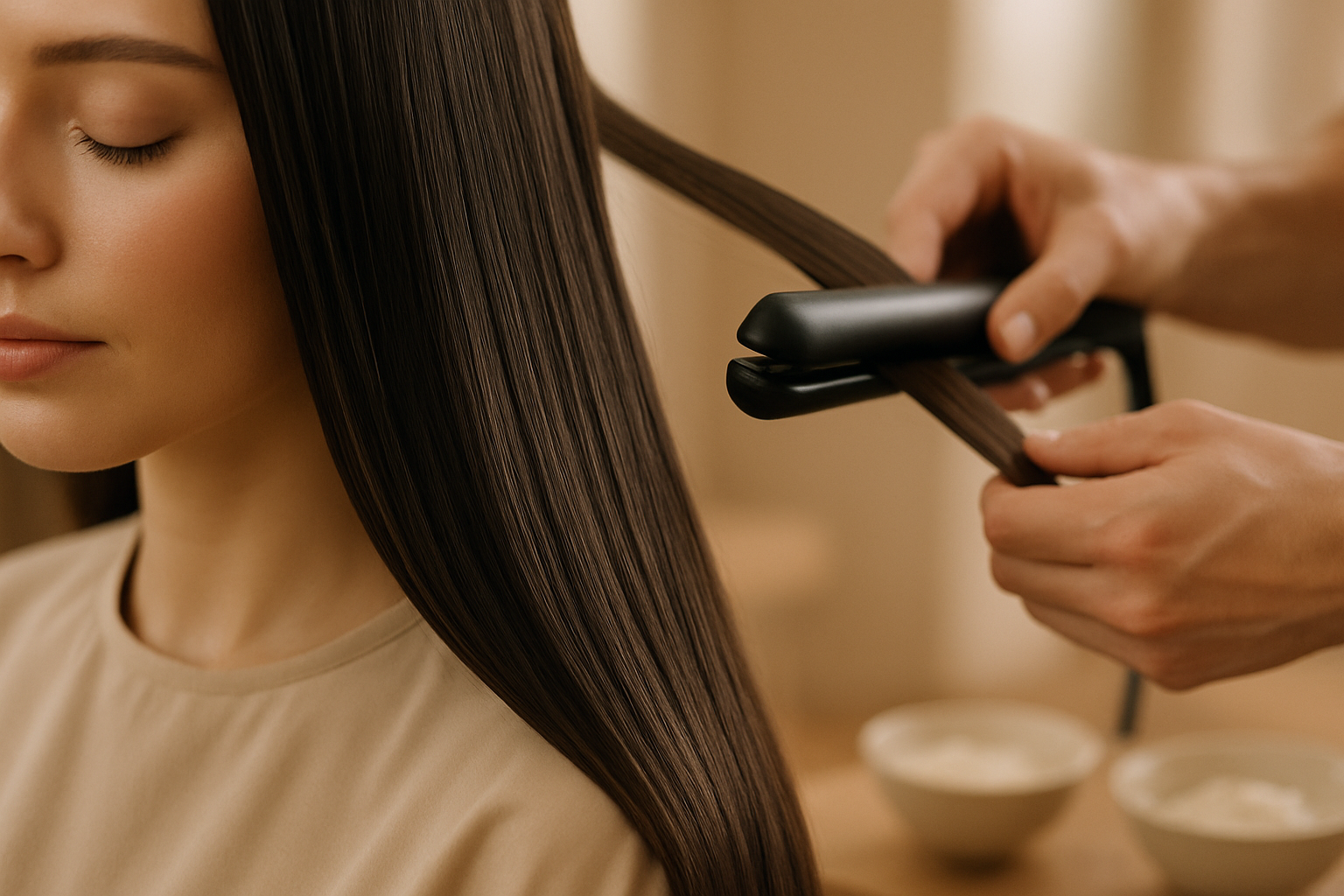 Close-up of glossy straight dark hair with stylist smoothing a section using a flat iron