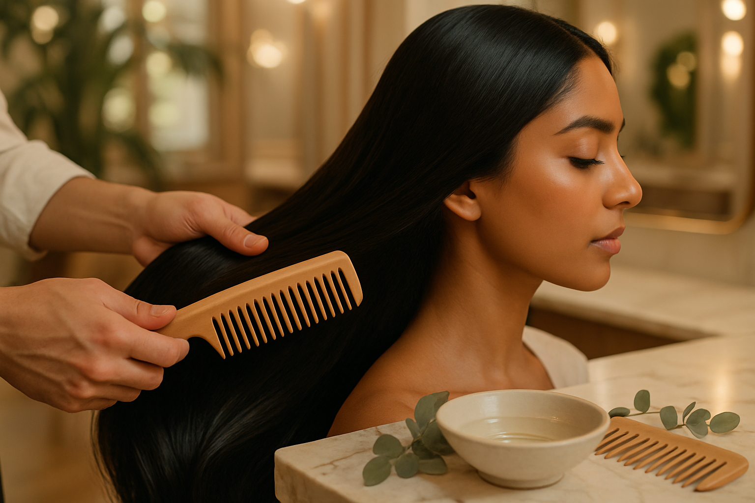 Stylist combing through glossy dark South Asian hair in a softly lit luxury salon