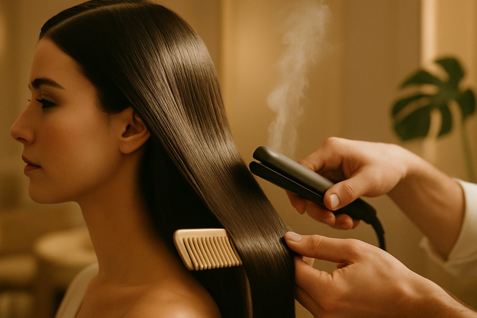 Stylist combing glossy smooth dark hair in a warmly lit luxury salon