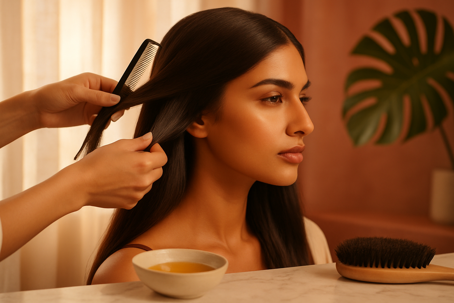 Stylist's hands sectioning long glossy dark hair in a softly lit luxury salon