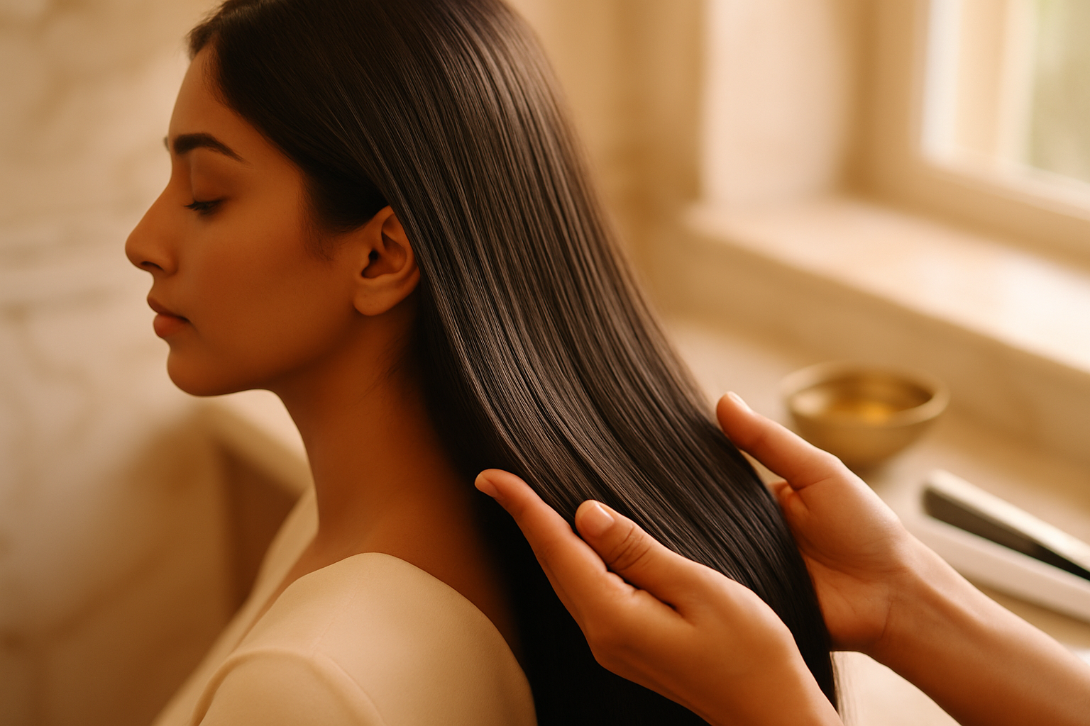 Stylist smoothing long glossy dark South Asian hair in a warmly lit luxury salon