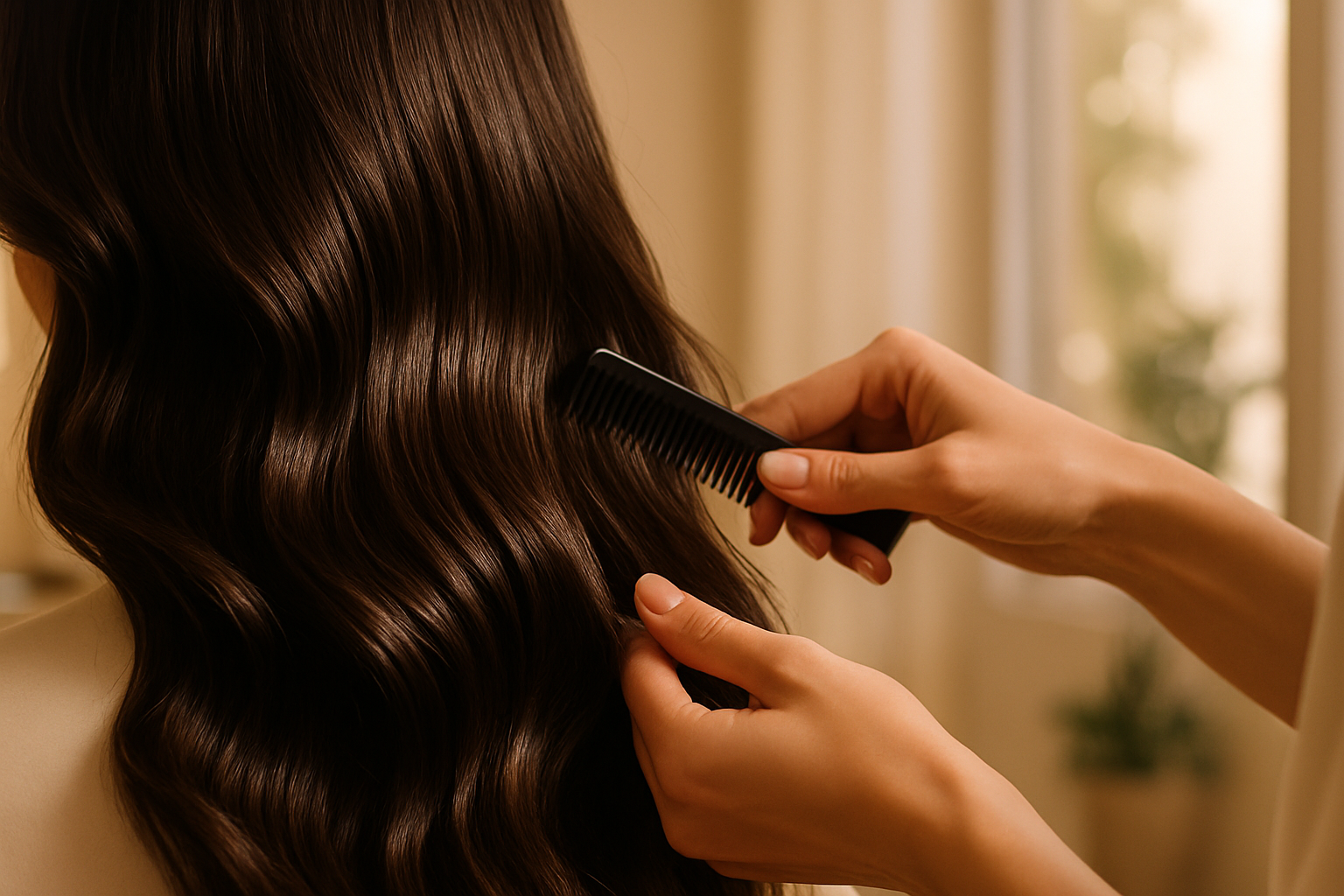 Stylist combing through glossy dark wavy South Asian hair in a sunlit luxury salon