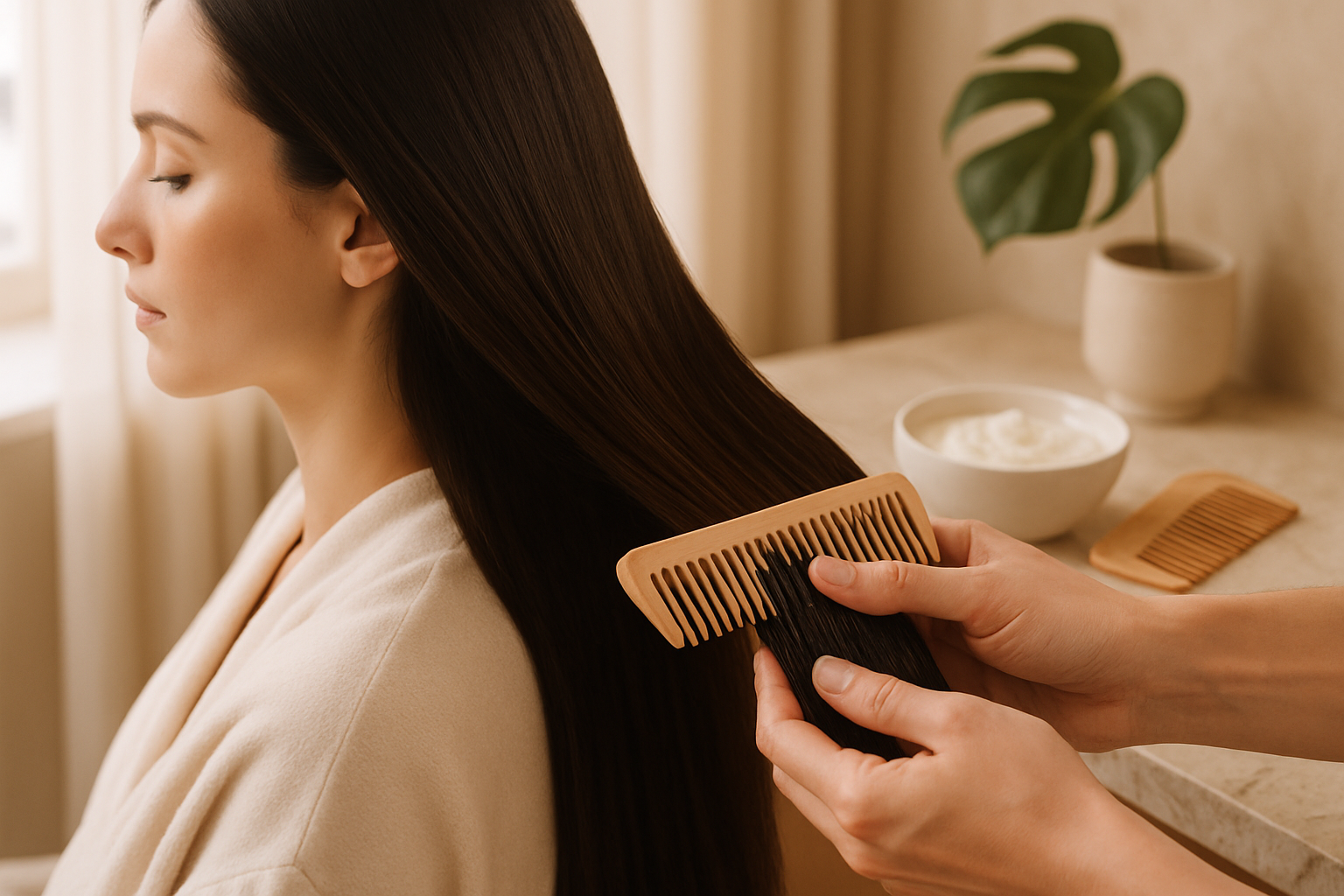 Stylist combing glossy smooth dark hair in a softly lit luxury salon