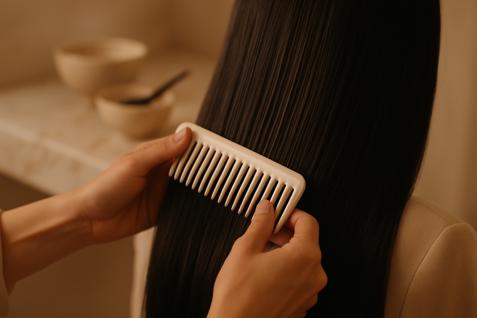 Stylist combing smooth glossy dark hair in a softly lit luxury salon