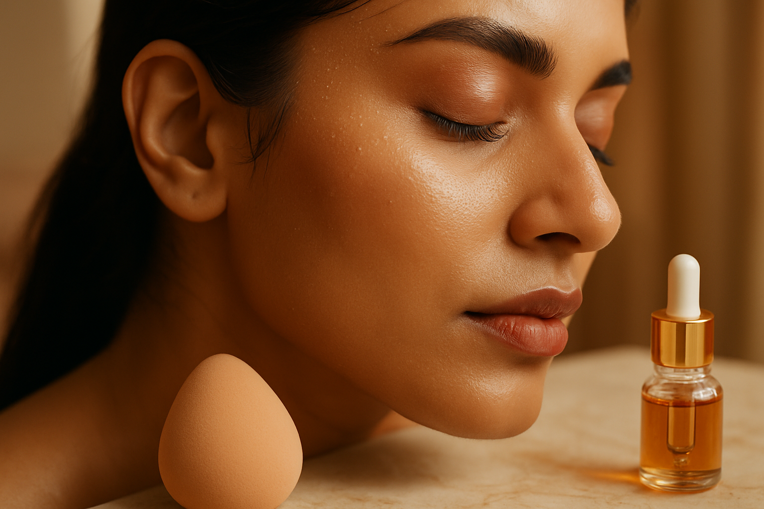 Close-up of a woman's flawless foundation glowing in warm Lahore summer light