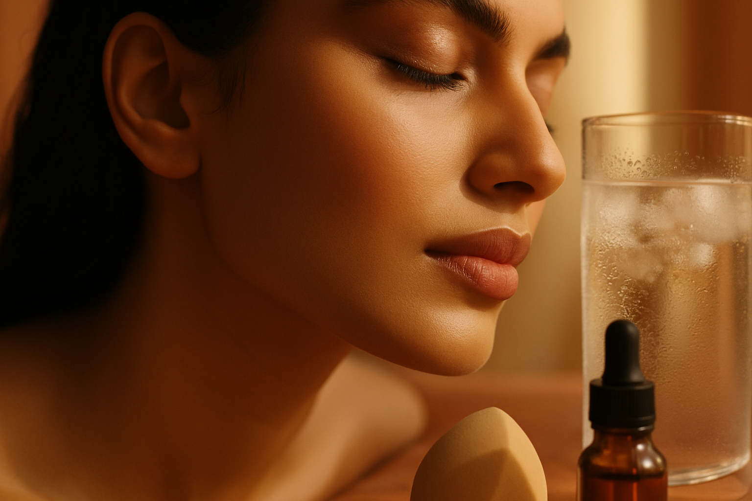 Close-up of South Asian woman's flawless foundation finish in warm Lahore afternoon light