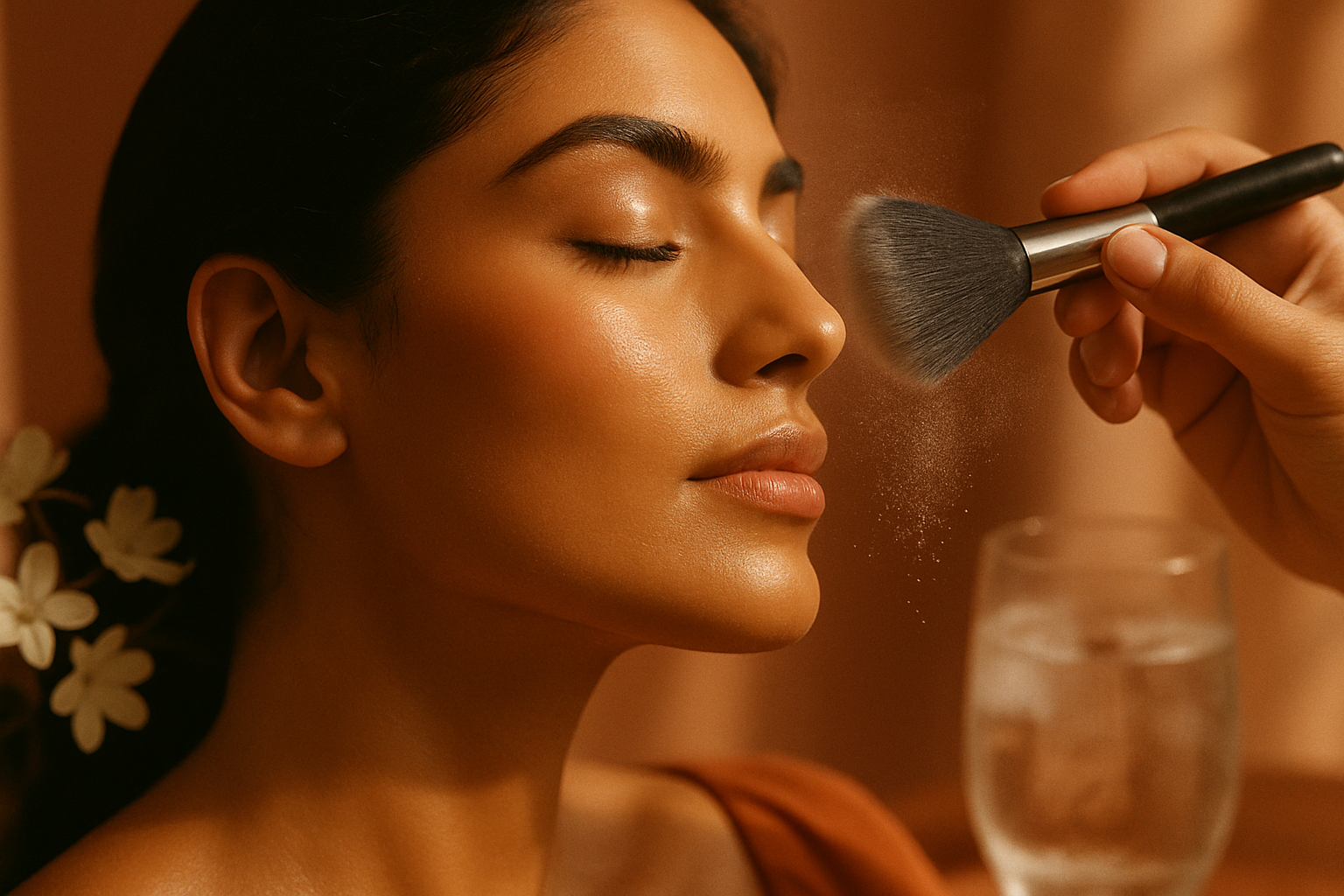Close-up of glowing South Asian skin with makeup brush and translucent setting powder in warm light