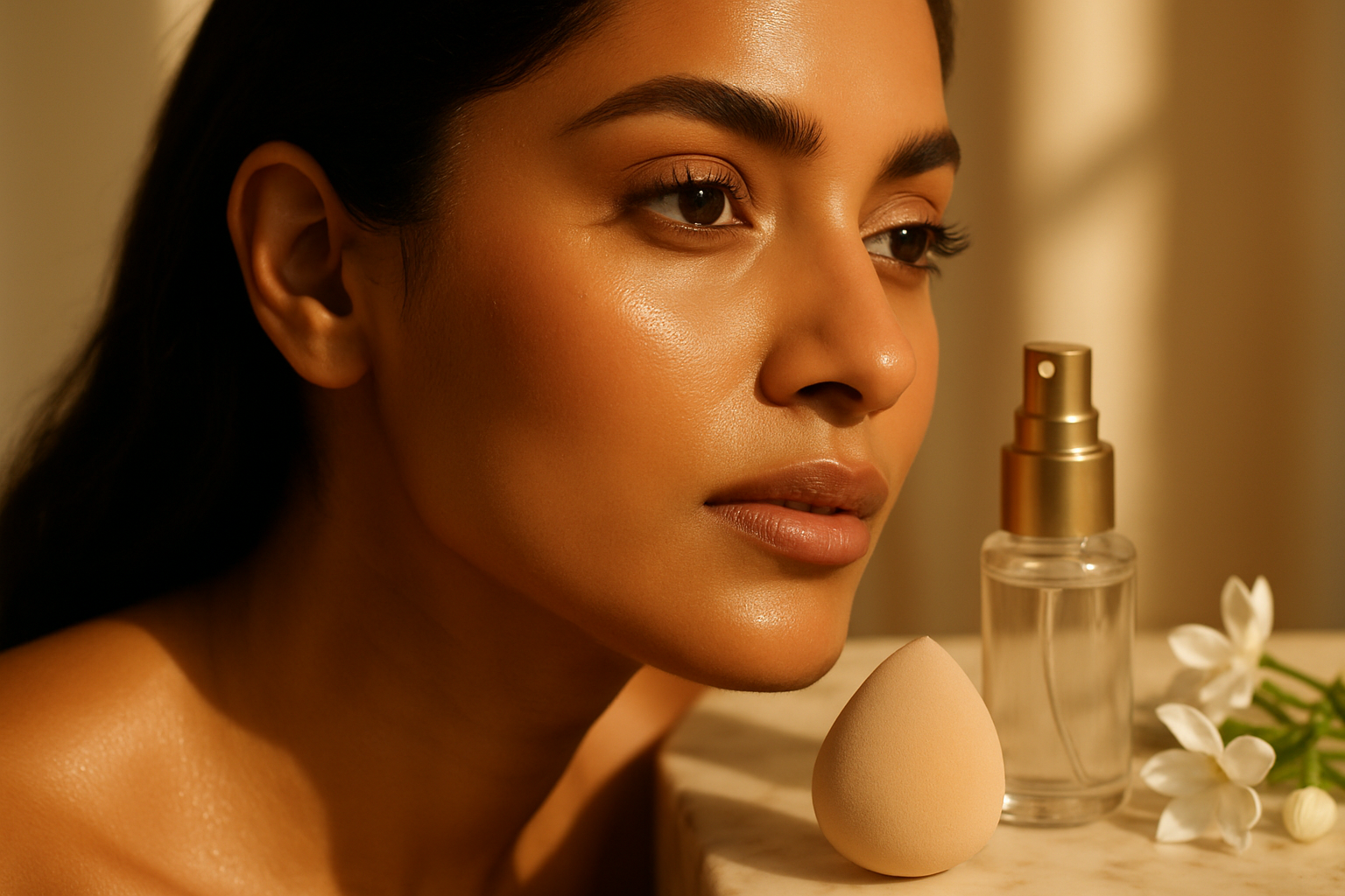 Close-up of glowing South Asian skin with flawless foundation beside a marble vanity and jasmine