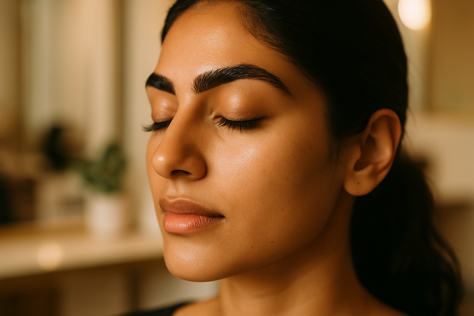 Close-up of South Asian woman with freshly tinted dark brows and lashes in warm light
