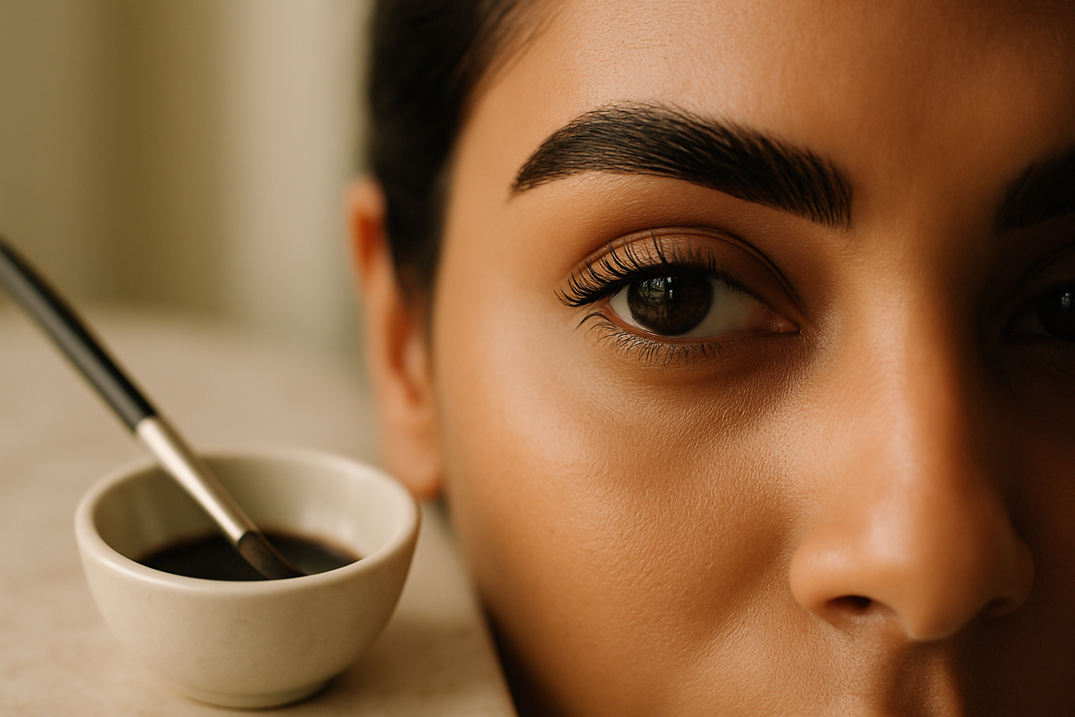Close-up of South Asian woman's freshly tinted dark brows and lashes in soft salon light