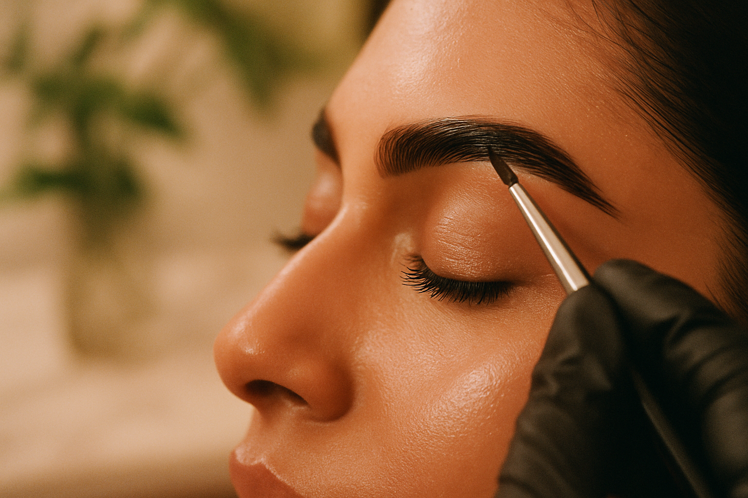 Close-up of a South Asian woman's brow being tinted with a small brush in a salon