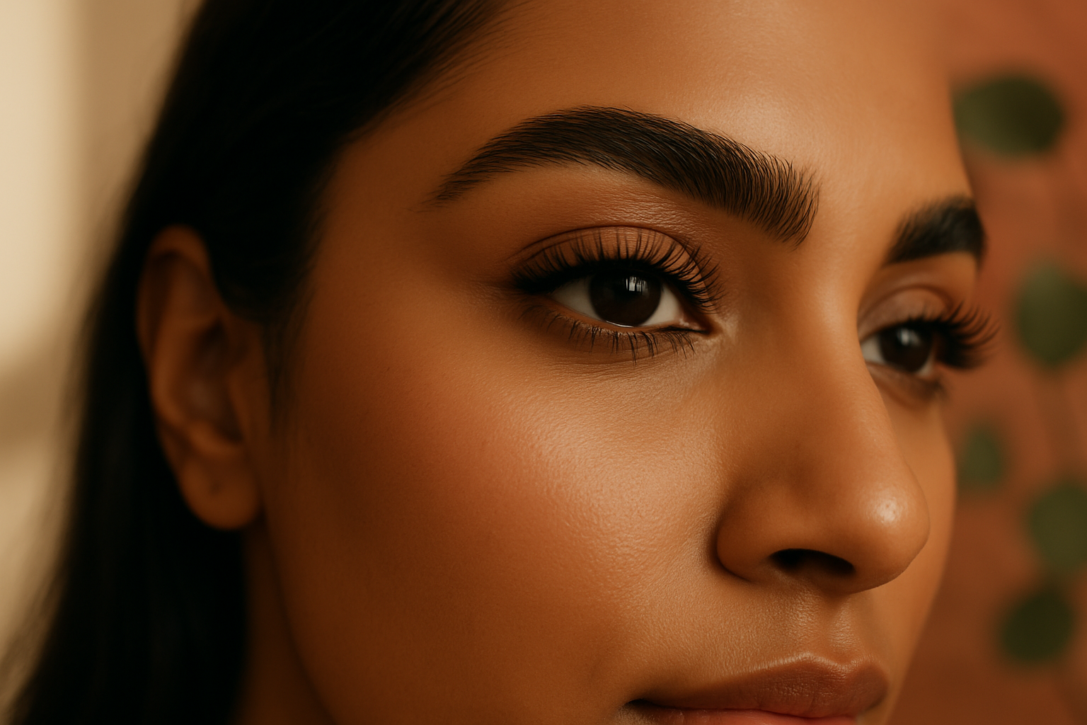 Close-up of South Asian woman's tinted lashes and defined brows in soft daylight