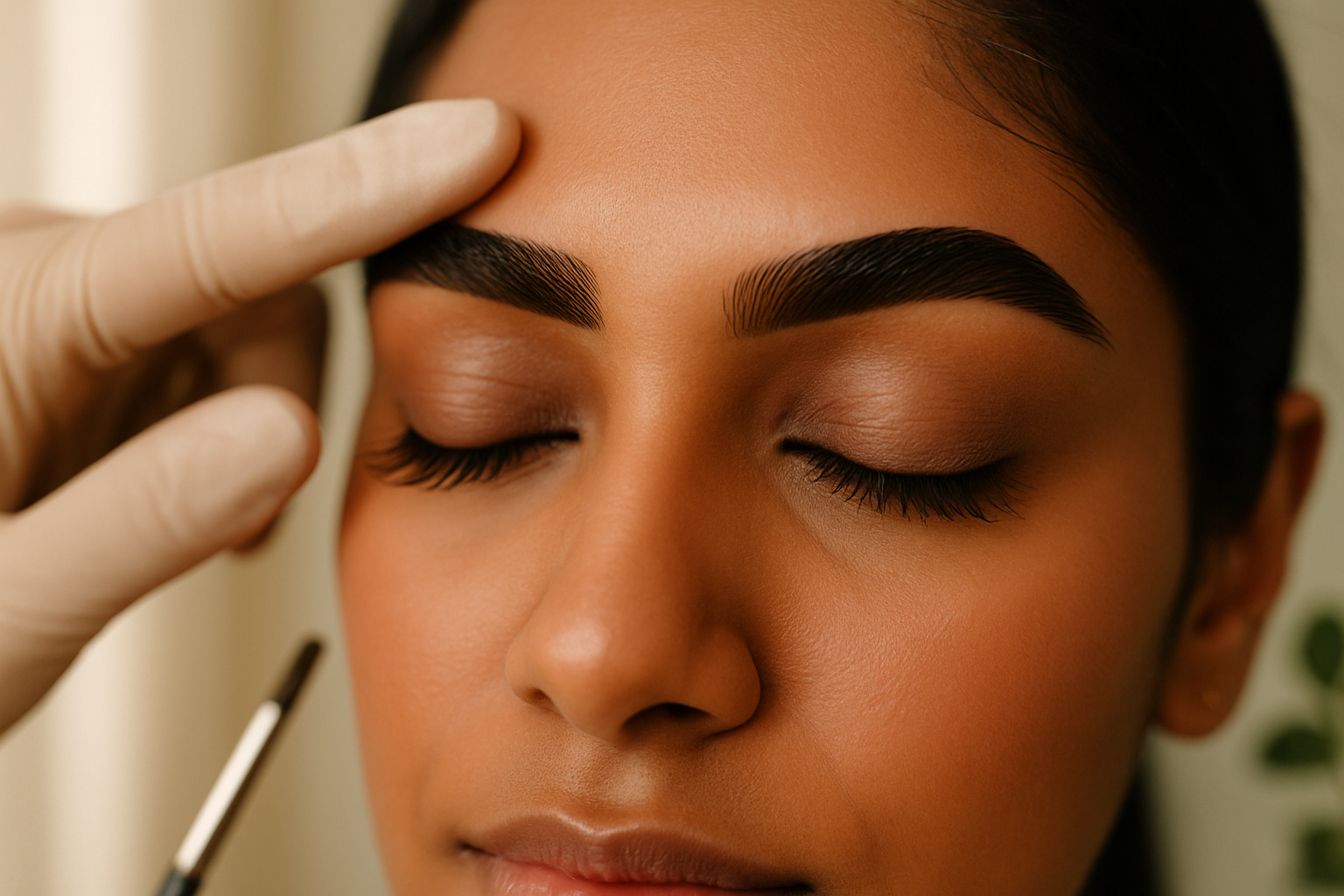 Close-up of South Asian woman's tinted brows and lashes in soft natural salon light