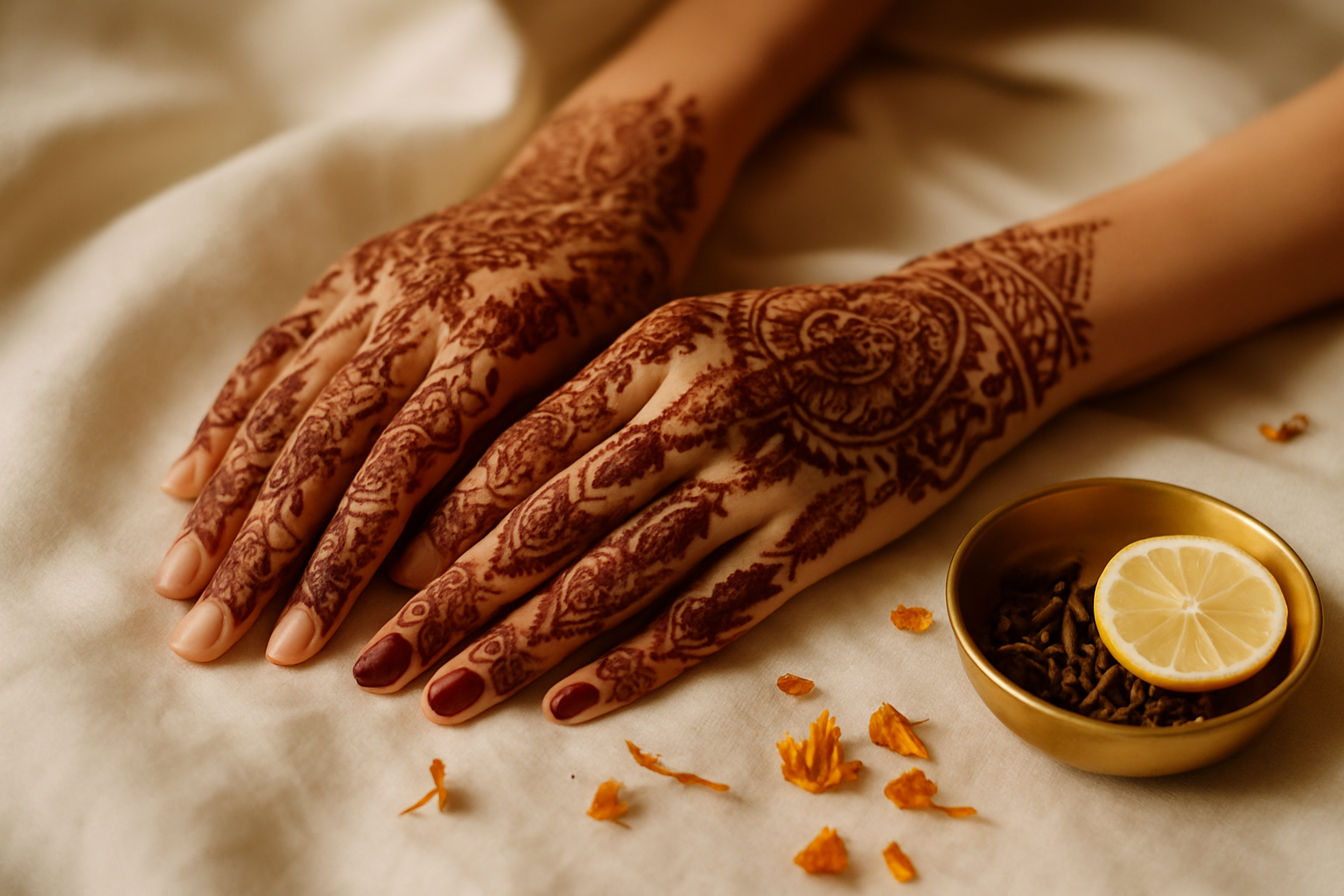 Close-up of hennaed hands with deep stain beside cloves, lemon and marigold petals