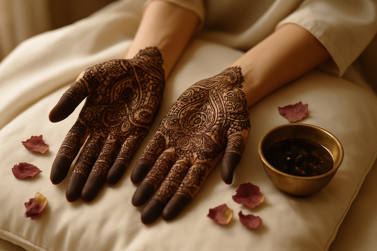 Woman's hands with fresh dark bridal henna paste resting on ivory silk with rose petals