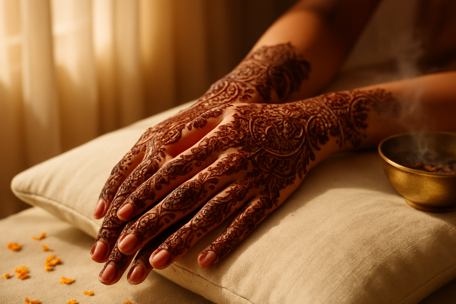 Freshly applied intricate henna paste drying on a woman's hands in warm light