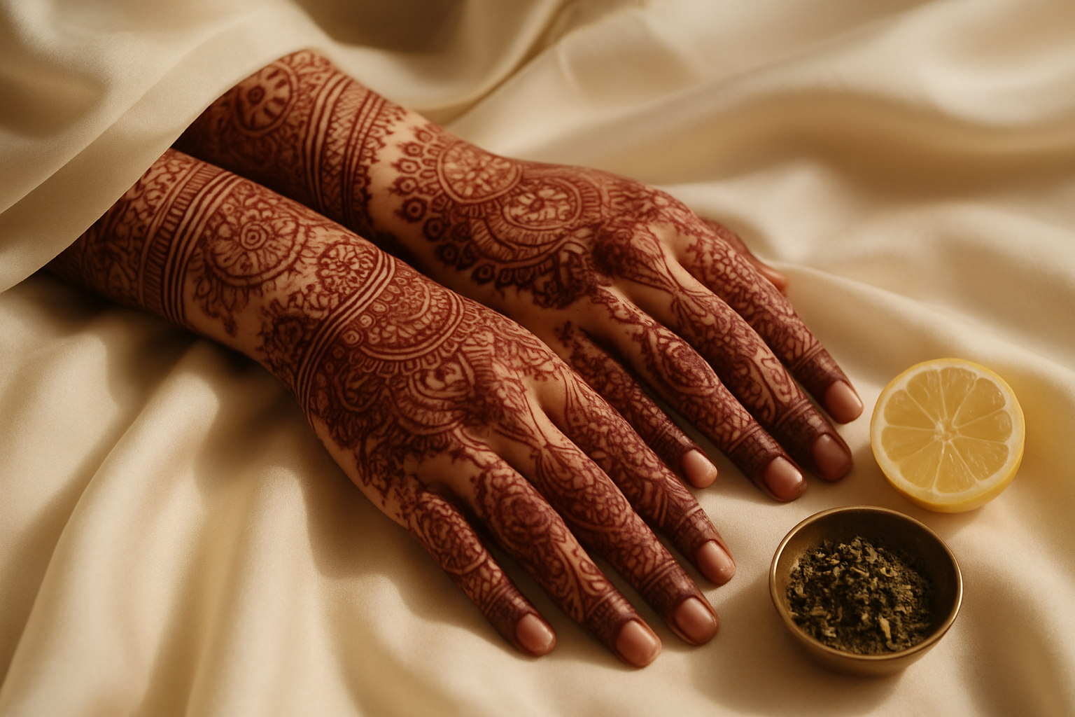 Close-up of woman's hands with deep maroon bridal mehndi resting on ivory silk