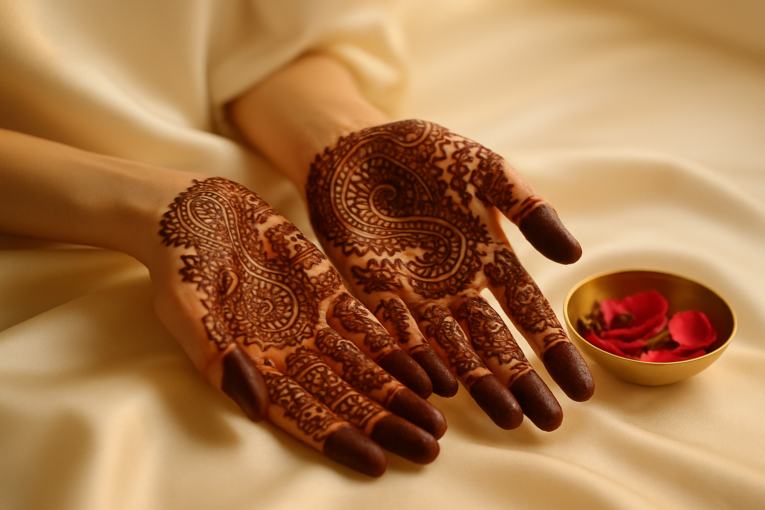 Close-up of hands with fresh dark mehndi designs drying on silk fabric