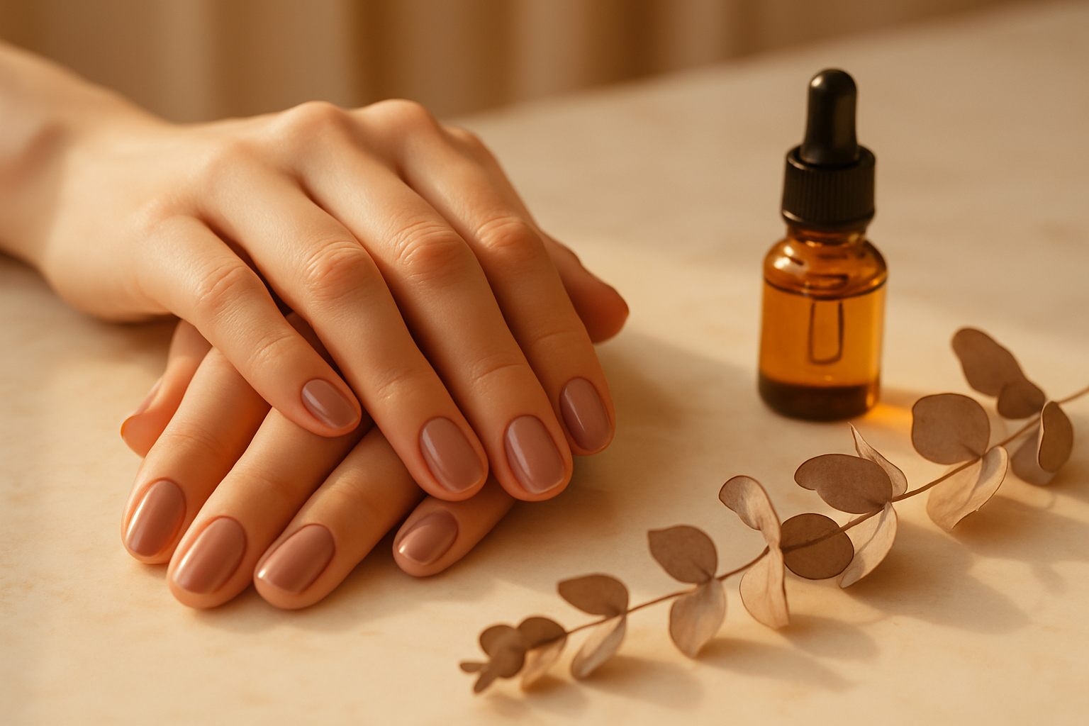 Close-up of freshly manicured hands with neutral nail polish resting on marble vanity in soft light