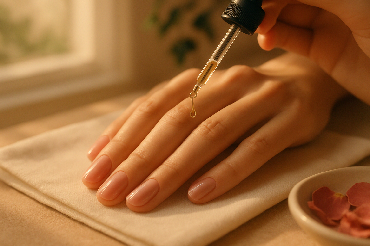 Close-up of freshly manicured hands with glossy nude polish and cuticle oil dropper