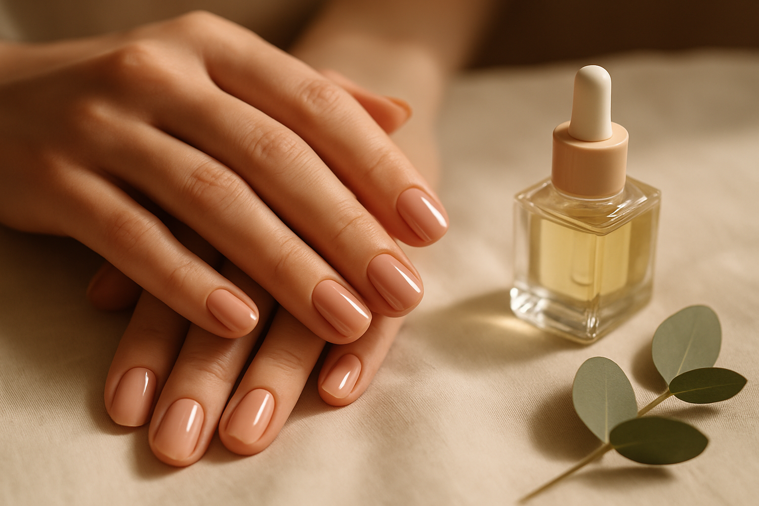 Close-up of glossy neutral manicured nails resting beside a cuticle oil bottle