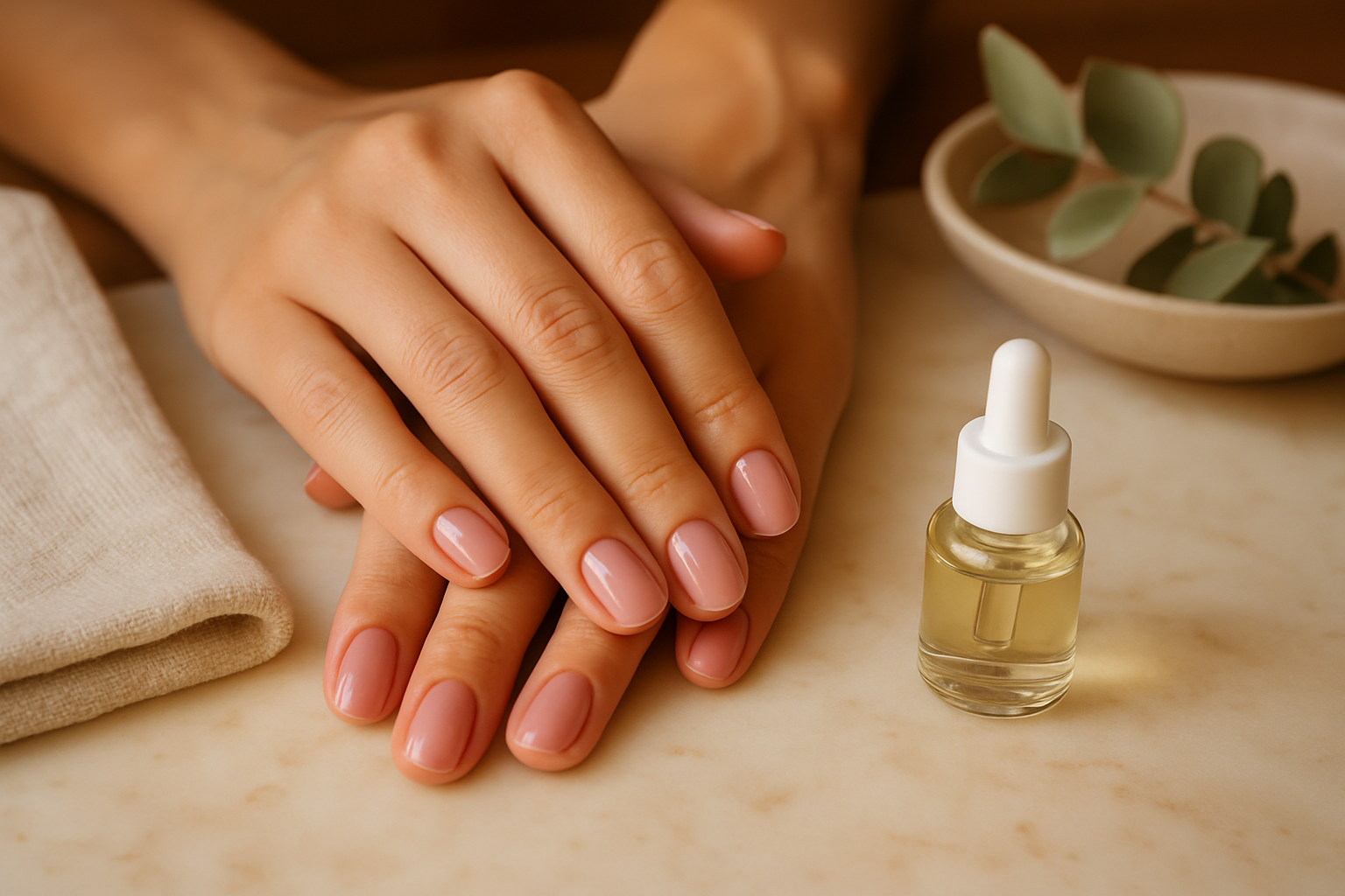 Close-up of freshly manicured hands with glossy nude polish resting on marble