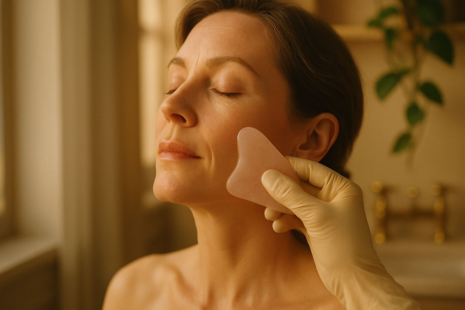 Mature woman receiving gua sha facial massage in a warm luxury Lahore salon