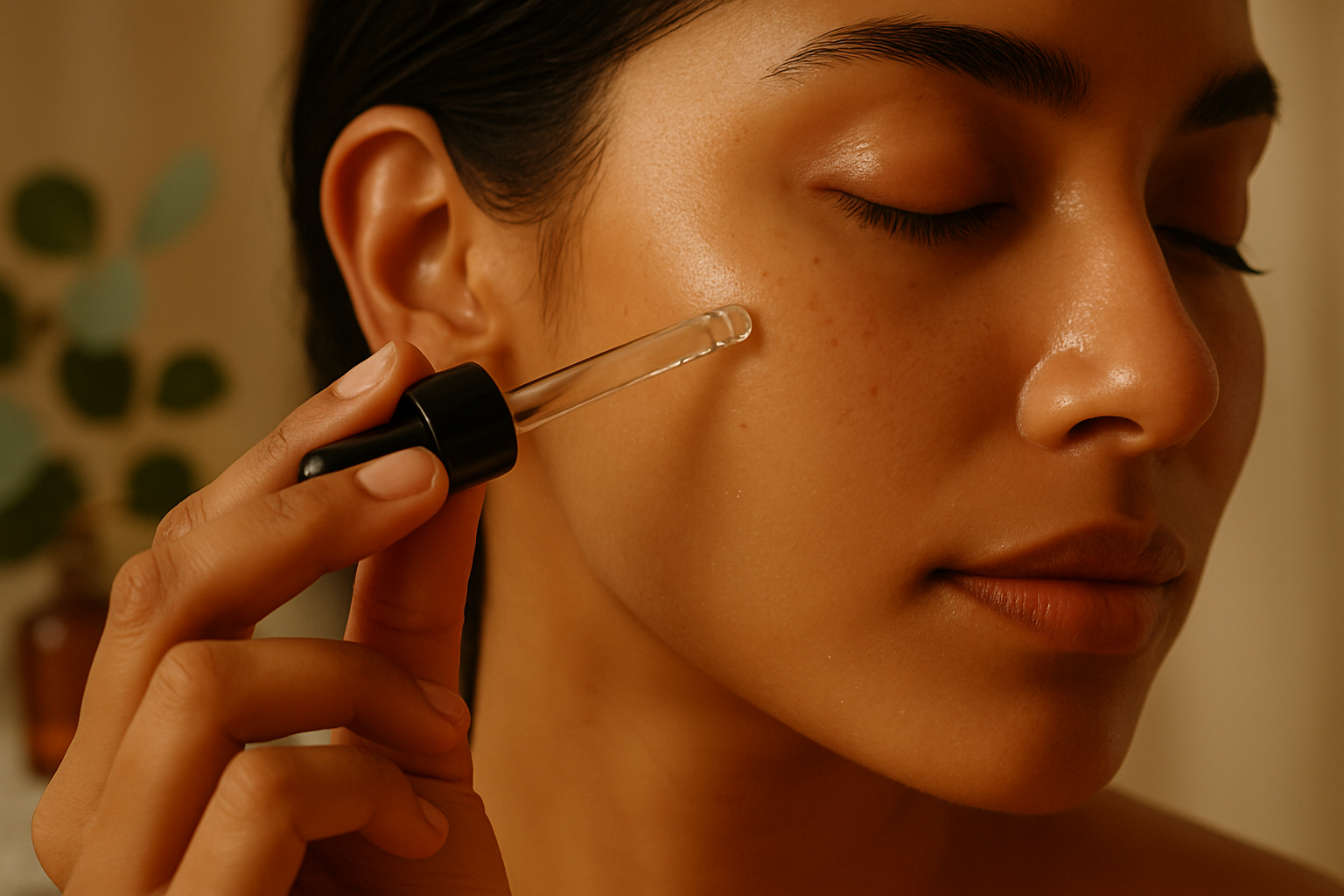 Close-up of glowing South Asian skin with serum dropper on a marble vanity in soft light