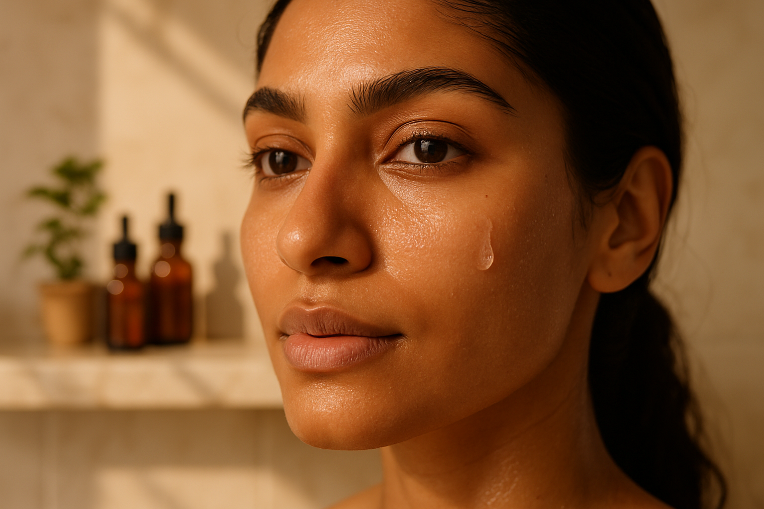 Close-up of a South Asian woman's glowing skin with a serum droplet in soft natural light
