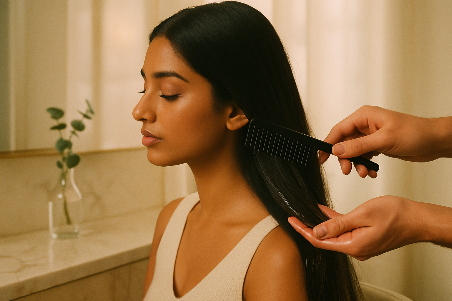 Stylist's hands gently combing long dark hair with serum in a soft-lit salon