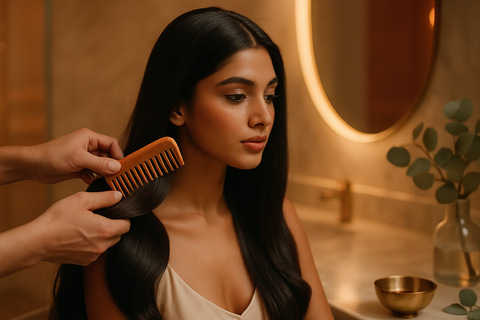 Stylist gently combing a woman's long dark hair in a warmly lit luxury salon