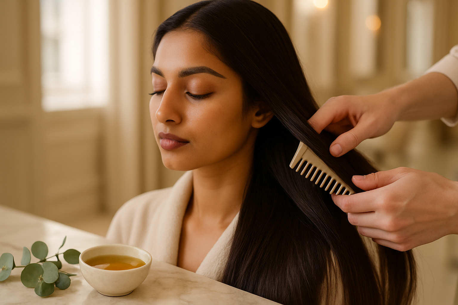 Stylist gently combing long dark South Asian hair beside hair oil on marble